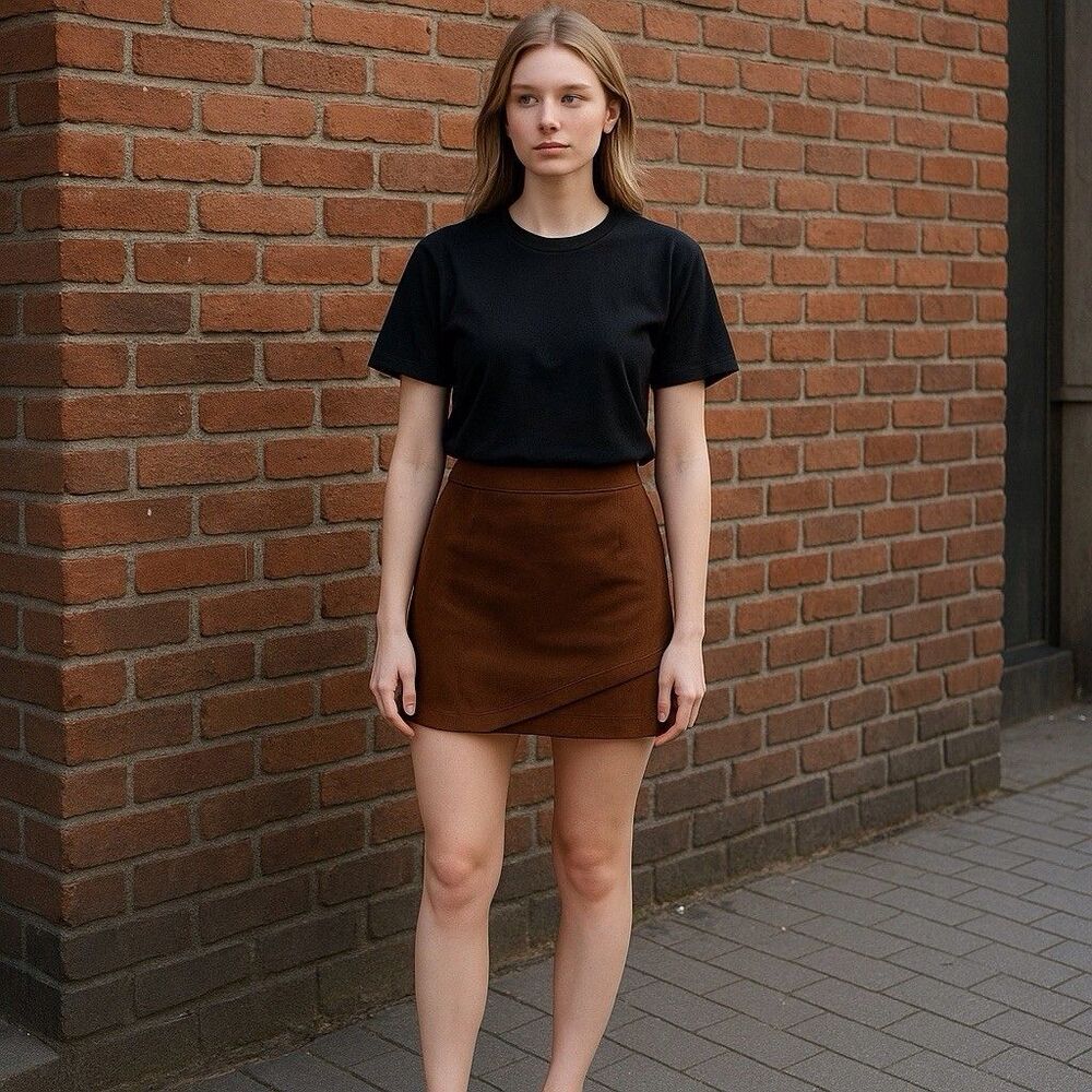 BB Dakota X Steve Madden Arizona Faux Suede Mini Skirt Size 12 Camel Shark Hem - Picture 8 of 8